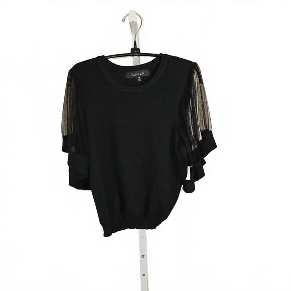 Chic Black Short Sleeve Sweater with Tulle Details - Picture 1 of 5